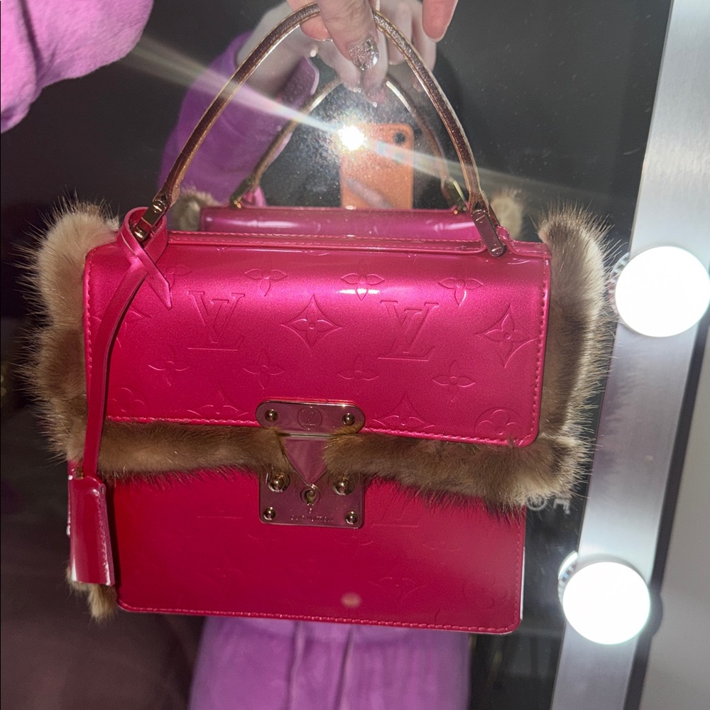 Louis Vuitton Spring Street Neon pu leather monogram pink satchel with fur